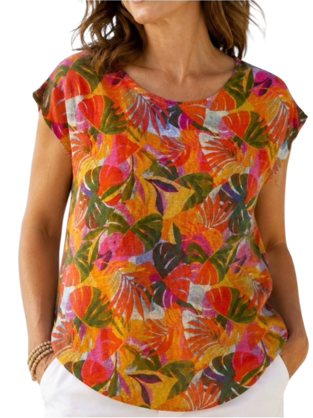 C&C California Linen Bright Multicolor Tropical Print Short Sleeve Top